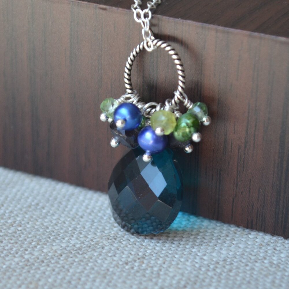 Teal Quartz Necklace with Peridots and Pearls